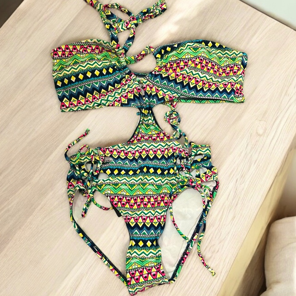 Green Multi Color Cut Out One Piece Monokini Bathing Suit - Picture 8 of 8